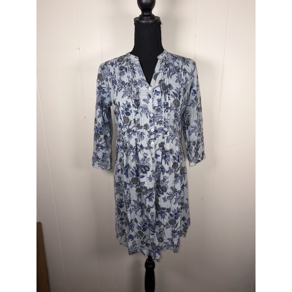 Madison Mathews Blue Floral Block Print Pintuck Cotton Button Front Dress Xs